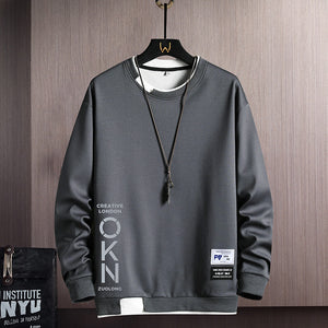 Men's Casual Sweatshirt with Fake Two-Piece Design - OKN Letter Print