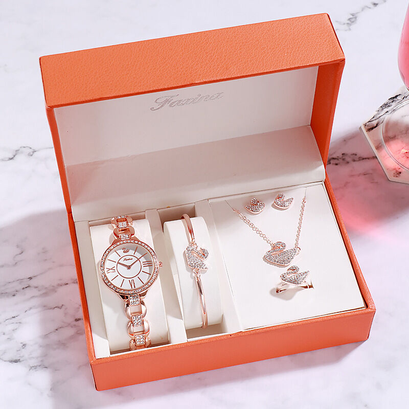 Women's Quartz Watch Set with Matching Bracelet, Necklace, Ring, and Earrings - A Perfect Gift Ensemble