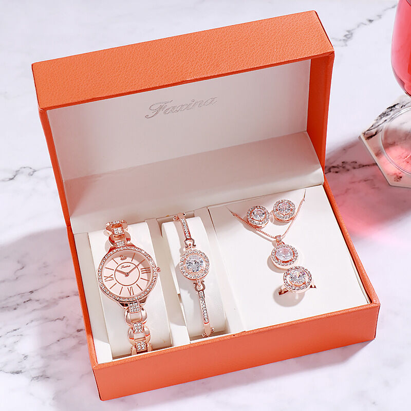 Women's Quartz Watch Set with Matching Bracelet, Necklace, Ring, and Earrings - A Perfect Gift Ensemble