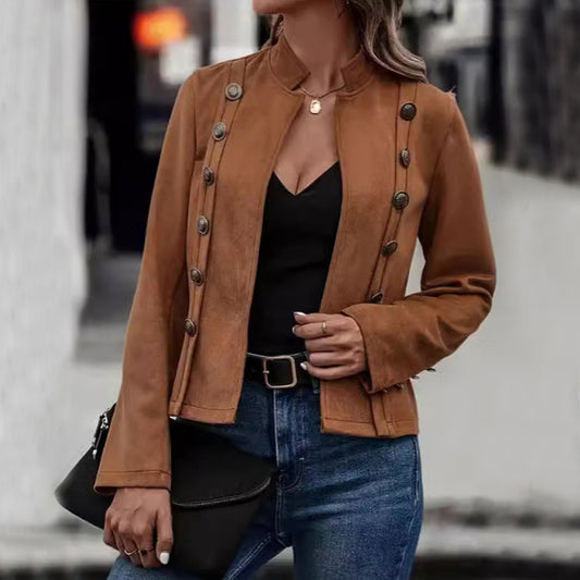 Solid Short Double Breasted Suede Jacket for Women