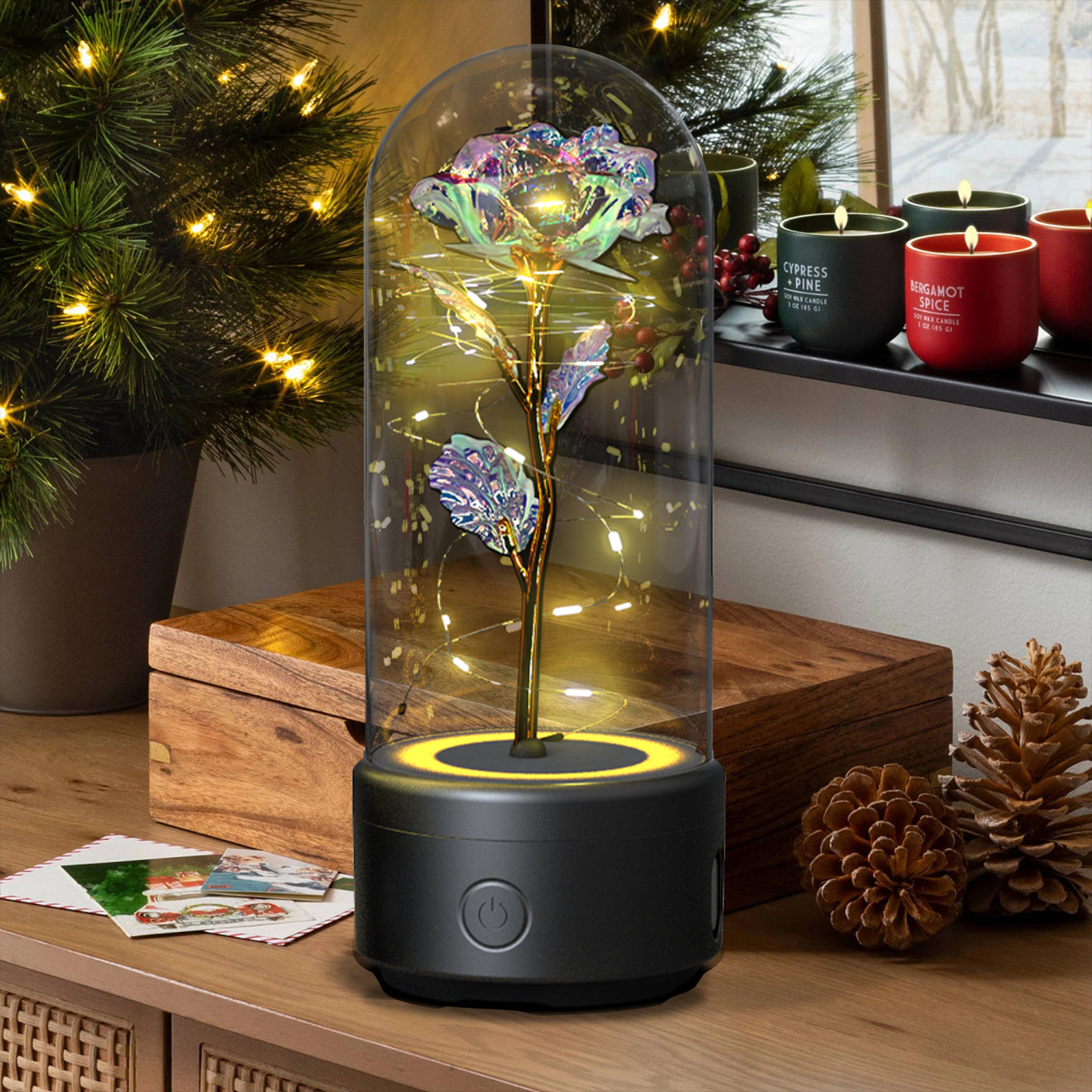 2-in-1 Rose LED Light & Bluetooth Speaker - Romantic Night Light in Glass Cover, Perfect Gift for Valentine's & Mother's Day