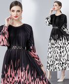 Chic Multicolor Pleated Long Sleeves Dress - Vintage O-Neck with Lace-Up Belt - Ideal for Casual & Party Wear