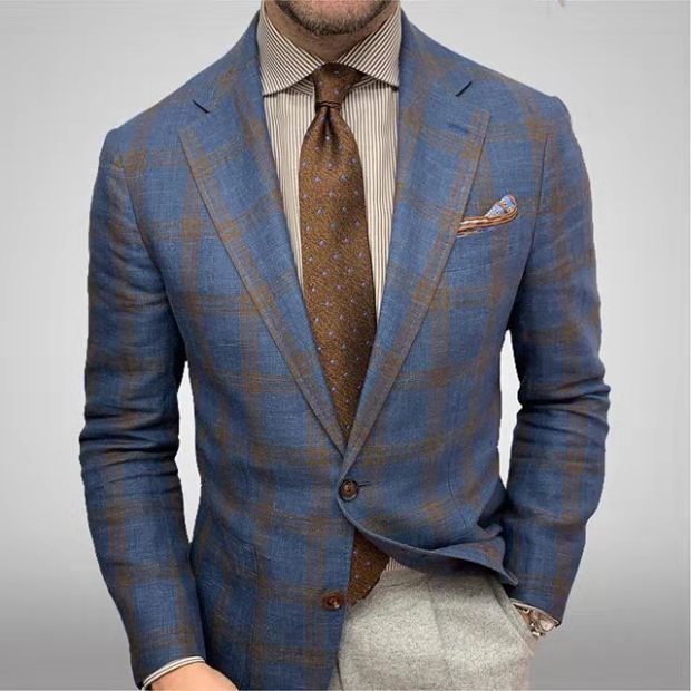 Men's Plaid Long Sleeve Suit Coat – Stylish Business Jacket with Lapel