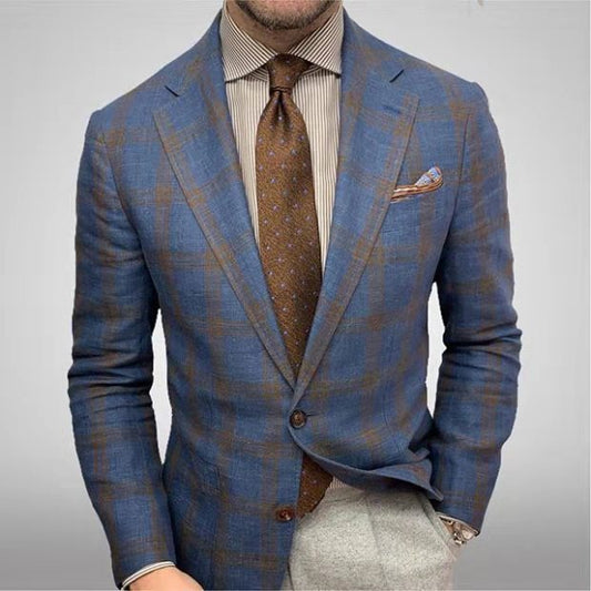 Men's Plaid Lapel Long Sleeve Business Suit Blazer Coat