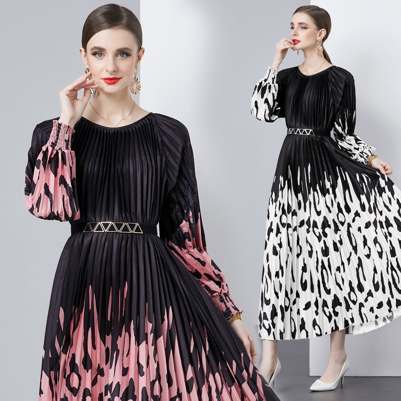 Chic Multicolor Pleated Long Sleeve Dress - Vintage O-Neck with Lace-Up Belt for Casual & Party Wear