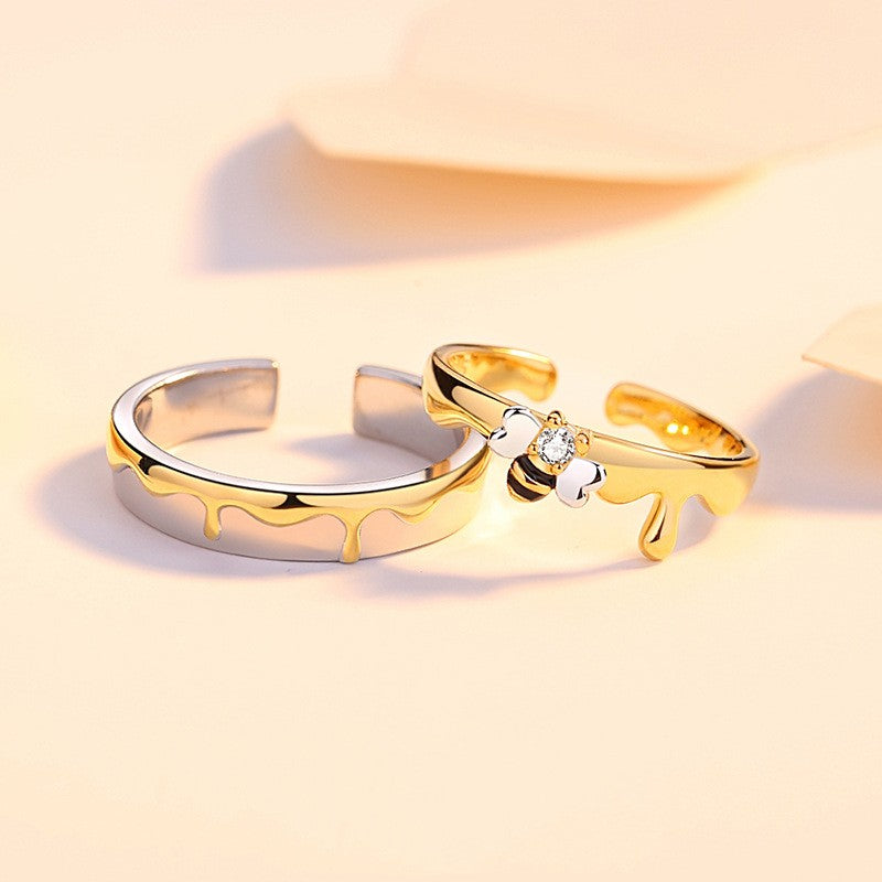 S925 Sterling Silver Bee Couple Rings: Color Separation Pair Rings