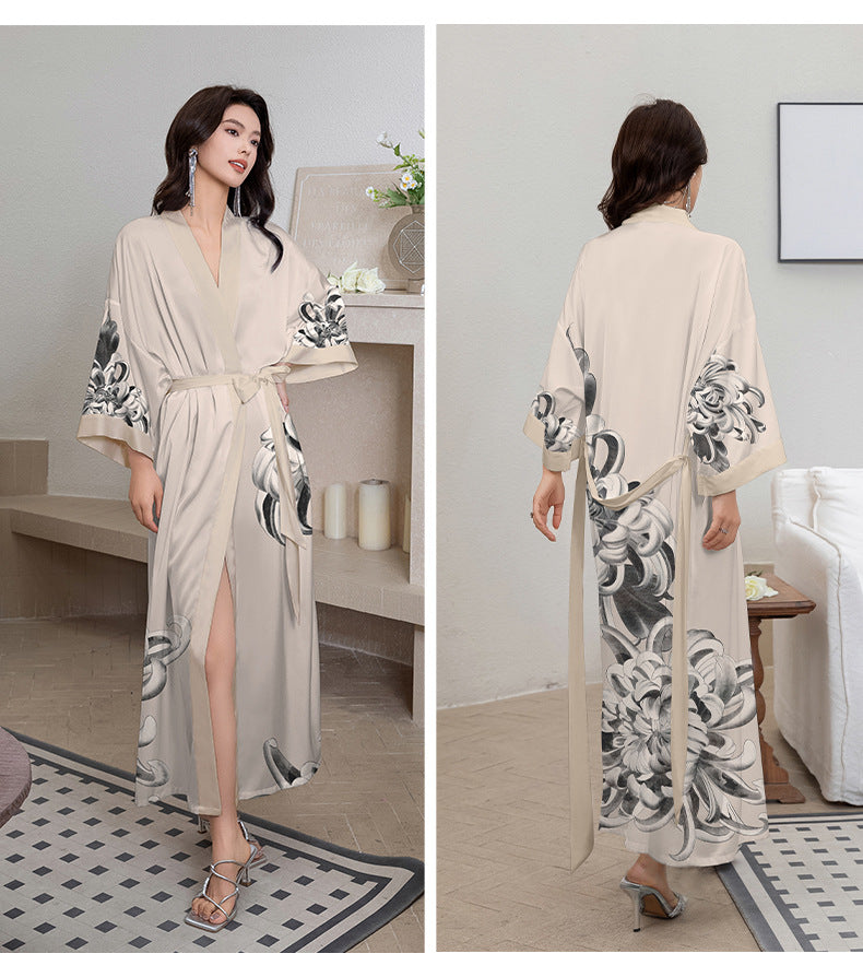 Red Satin Lace-Up Luxury Morning Gown: Elegant Women's Sleepwear and Bathrobe Set