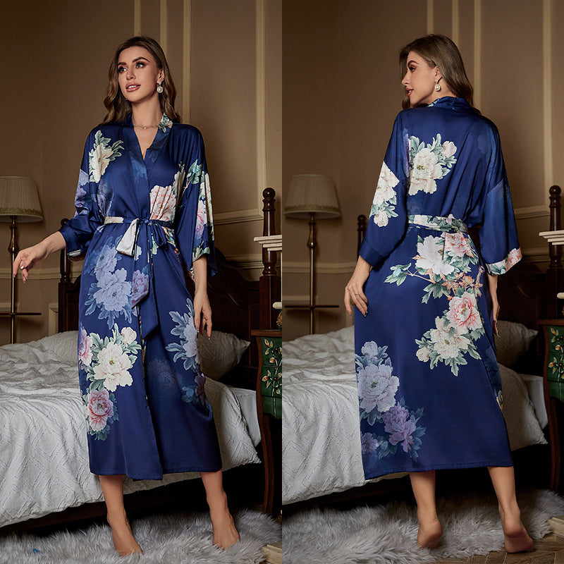 Red Satin Lace-Up Luxury Morning Gown: Elegant Women's Sleepwear and Bathrobe Set