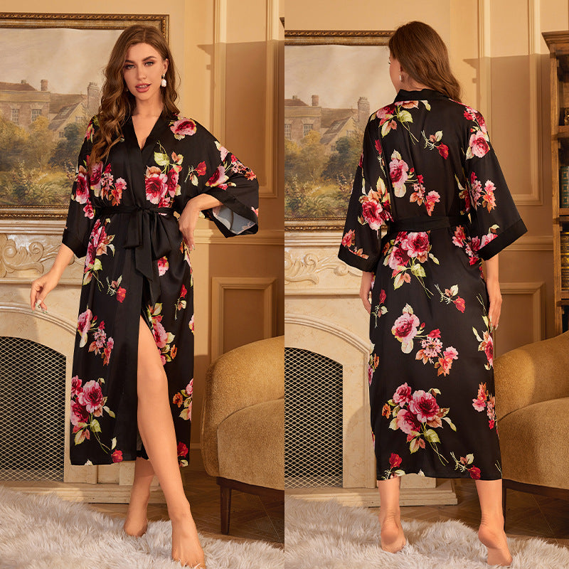 Elegant Women's Red Satin Lace-Up Morning Gown – Luxury Sleepwear Set