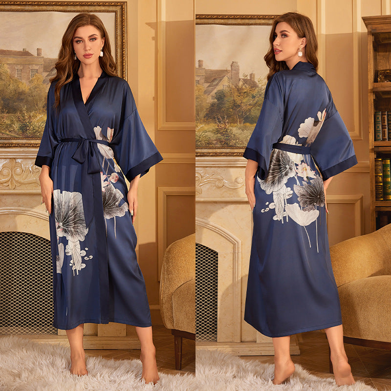 Red Satin Lace-Up Luxury Morning Gown: Elegant Women's Sleepwear and Bathrobe Set