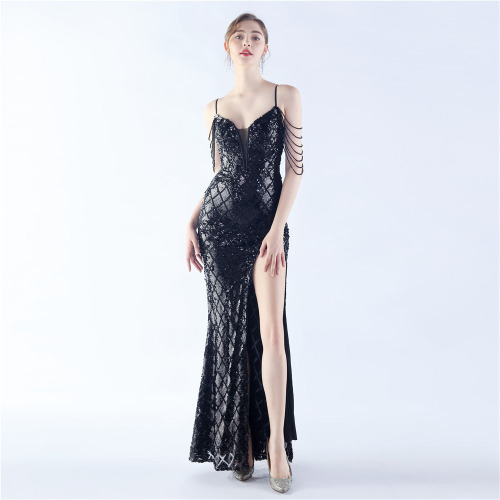High-End Open Back Sequin Beaded Evening Dress - Waist-Tight Ratchet Tie Down - Magic Color Craft for Weddings, Bridesmaids, Parties