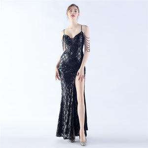 High-End Sequin Beaded Evening Dress – Waist-Tight Open Back Design