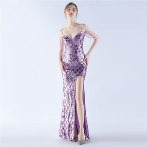 High-End Sequin Beaded Evening Dress – Waist-Tight Open Back Design