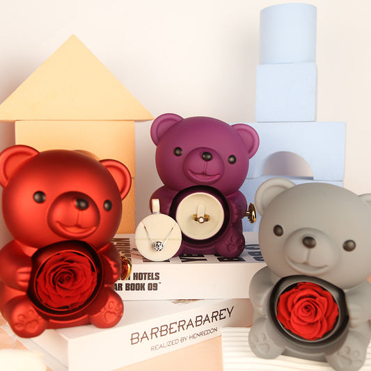 Rotating Rose Jewelry Box with Necklace & Teddy Bear – Romantic Gift for Special Occasions