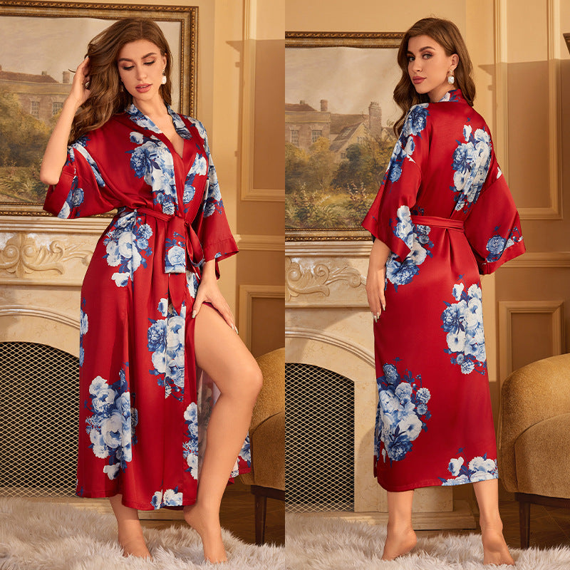 Red Satin Lace-Up Luxury Morning Gown: Elegant Women's Sleepwear and Bathrobe Set