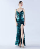 High-End Open Back Sequin Beaded Evening Dress - Waist-Tight Ratchet Tie Down - Magic Color Craft for Weddings, Bridesmaids, Parties