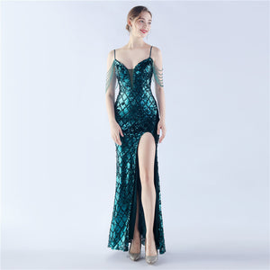 High-End Sequin Beaded Evening Dress – Waist-Tight Open Back Design