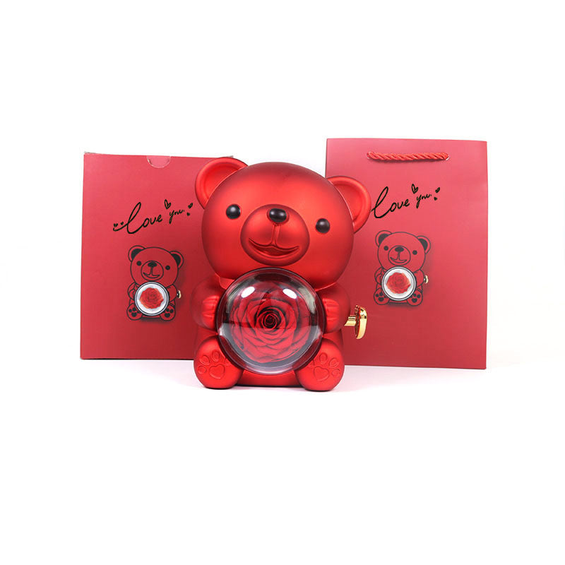 Rotating Rose Jewelry Box with Necklace & Teddy Bear – Romantic Gift for Special Occasions