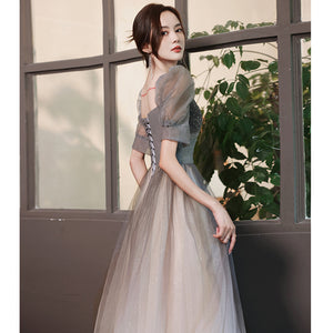 Bubble Sleeve Evening Gown – Gradient Long Formal Dress for Bridesmaids