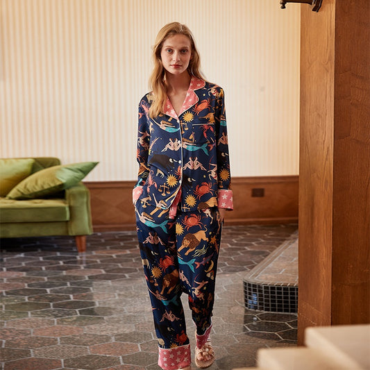 Seasonal Silk Elegance: Blue Constellation Pajama Set - Luxurious Nightwear