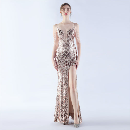 High-End Open Back Sequin Beaded Evening Dress - Waist-Tight Ratchet Tie Down - Magic Color Craft for Weddings, Bridesmaids, Parties