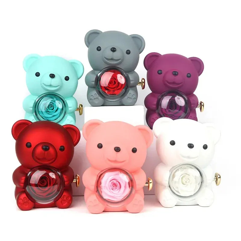 Rotating Rose Jewelry Box with Necklace & Teddy Bear – Romantic Gift for Special Occasions