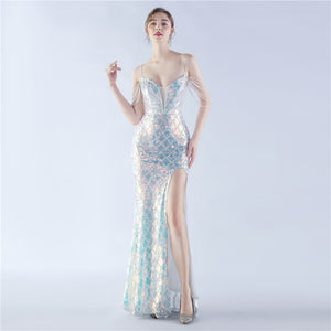 High-End Sequin Beaded Evening Dress – Waist-Tight Open Back Design