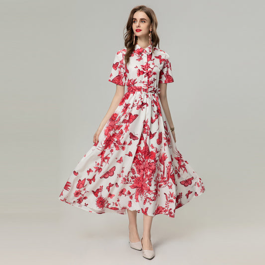 Four-Sided Elastic Flower Butterfly Print Dress - Stylish & Versatile