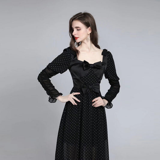 Chic Polka Dot Pleated Black Dress with Bow Detail - Long Sleeve Bridesmaid Gown