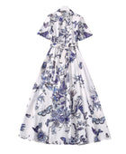 Elegant Short Sleeve Butterfly Print Dress - Four-Sided Elastic Waist for Comfort and Style