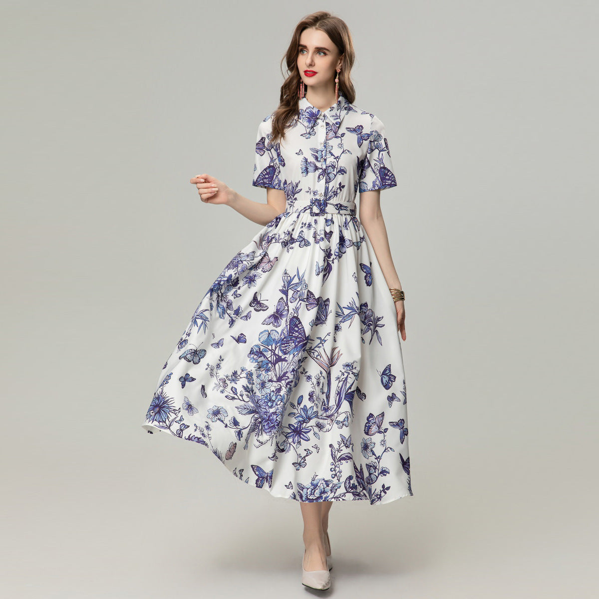 Elegant Short Sleeve Butterfly Print Dress - Four-Sided Elastic Waist for Comfort and Style