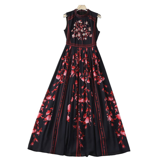 Chic Beaded Printing Floral Dress - Elegant Sleeveless Dress for Any Occasion