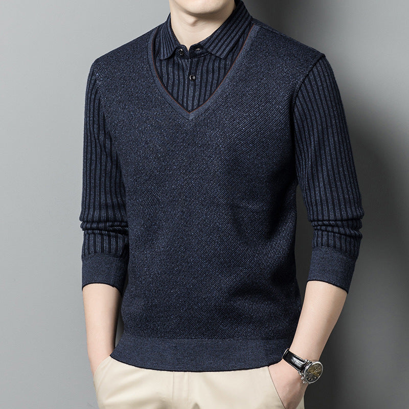 Stylish Men's Fleece Sweater: False Two-Piece Design for Casual Elegance