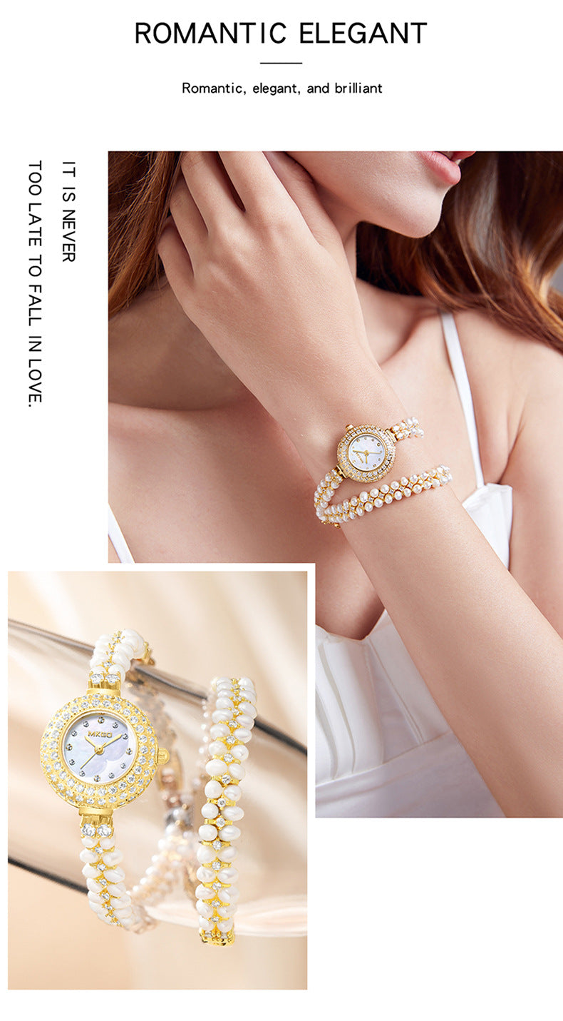 Luxurious Pearl Bracelet Watch: Exquisite Design with Full Diamonds - A Fashionable Gift of Elegance