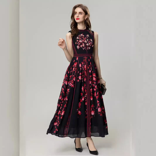 Sleeveless Floral Dress with Beaded Chest Detail - Elegant and Stylish