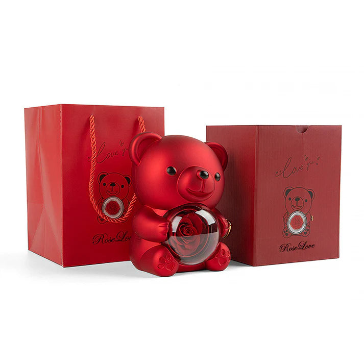 Rotating Rose Jewelry Box with Necklace & Teddy Bear – Romantic Gift for Special Occasions