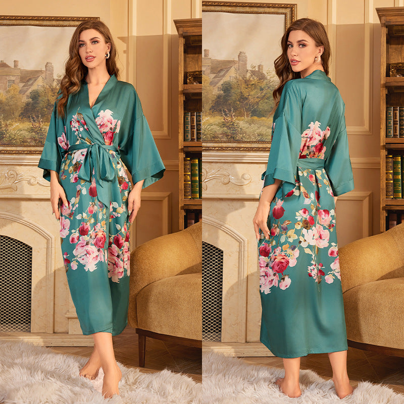 Red Satin Lace-Up Luxury Morning Gown: Elegant Women's Sleepwear and Bathrobe Set