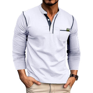 Men’s Slim Fit V-Neck Long Sleeve Color Block Shirt with Pocket