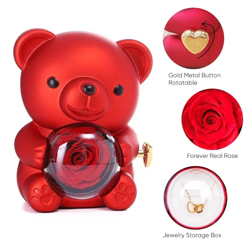 Rotating Rose Jewelry Box with Necklace & Teddy Bear – Romantic Gift for Special Occasions