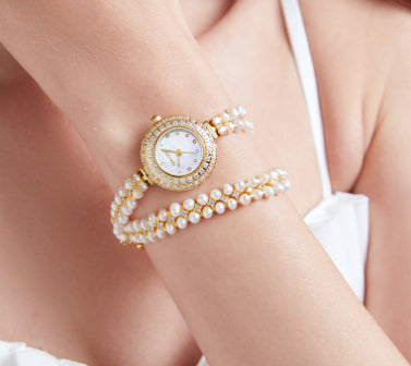 Freshwater Pearl Bracelet Watch - Elegant Full Diamond Ladies' Watch