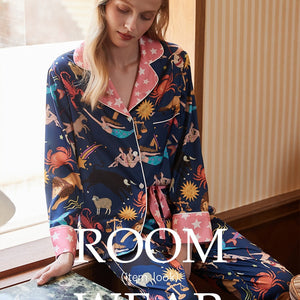 Blue Constellation Ice Silk Pajama Set - Luxurious Seasonal Nightwear