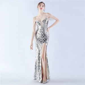 High-End Sequin Beaded Evening Dress – Waist-Tight Open Back Design