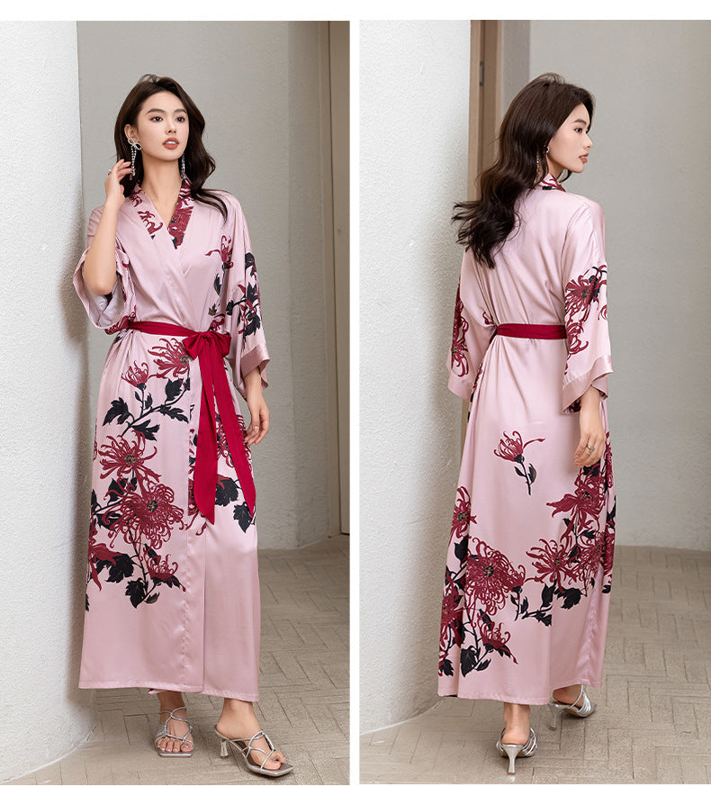 Red Satin Lace-Up Luxury Morning Gown: Elegant Women's Sleepwear and Bathrobe Set