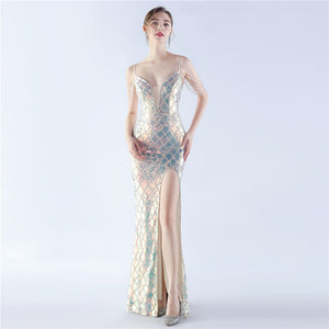 High-End Sequin Beaded Evening Dress – Waist-Tight Open Back Design