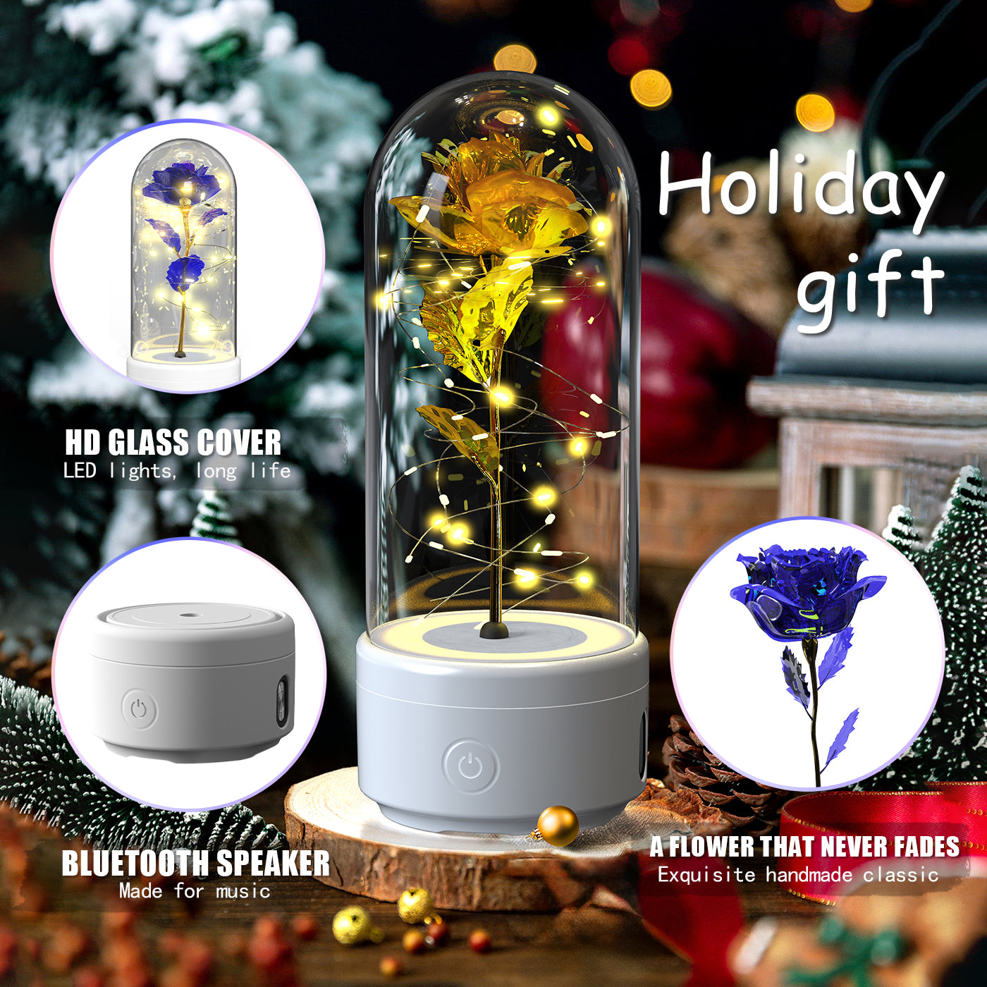 2-in-1 Rose LED Light & Bluetooth Speaker - Romantic Night Light in Glass Cover, Perfect Gift for Valentine's & Mother's Day