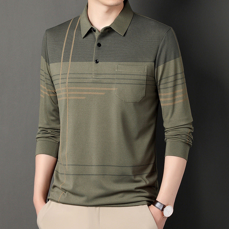 Men's Striped Lapel T-shirt: Long Sleeve Casual Comfort