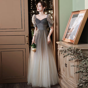 Bubble Sleeve Evening Gown – Gradient Long Formal Dress for Bridesmaids