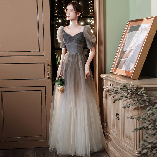 Gradient Long Formal Dress with Bubble Puff Sleeves - Beaded Evening Gown for Bridesmaids