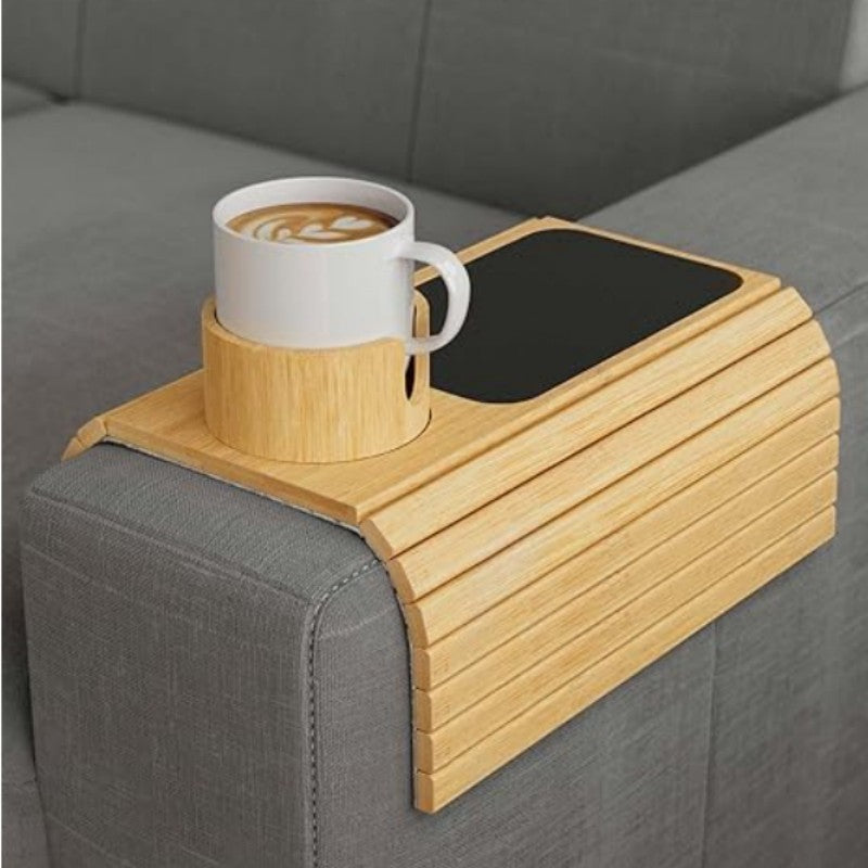 Modern Minimalist Bamboo Sofa Tray - A Decorative Armrest with Cup Holder, Folding Interior, and Placemat for Stylish Practicality