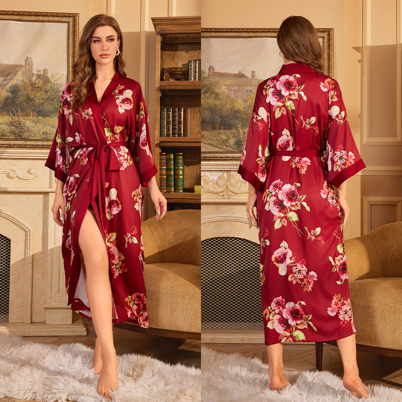 Red Satin Lace-Up Luxury Morning Gown: Elegant Women's Sleepwear and Bathrobe Set